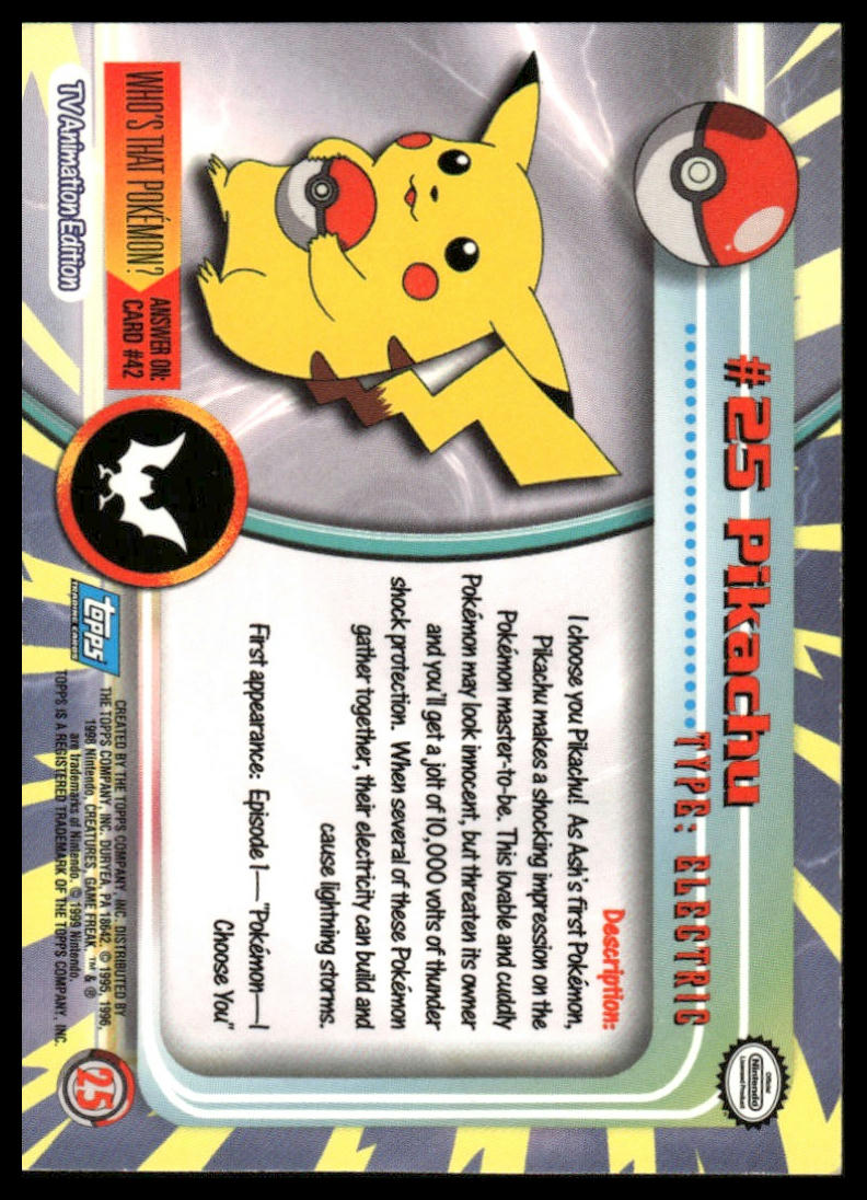 Pokemon Pikachu Blue Topps Logo #25 1999 Topps Pokemon TV Animation Series 1
