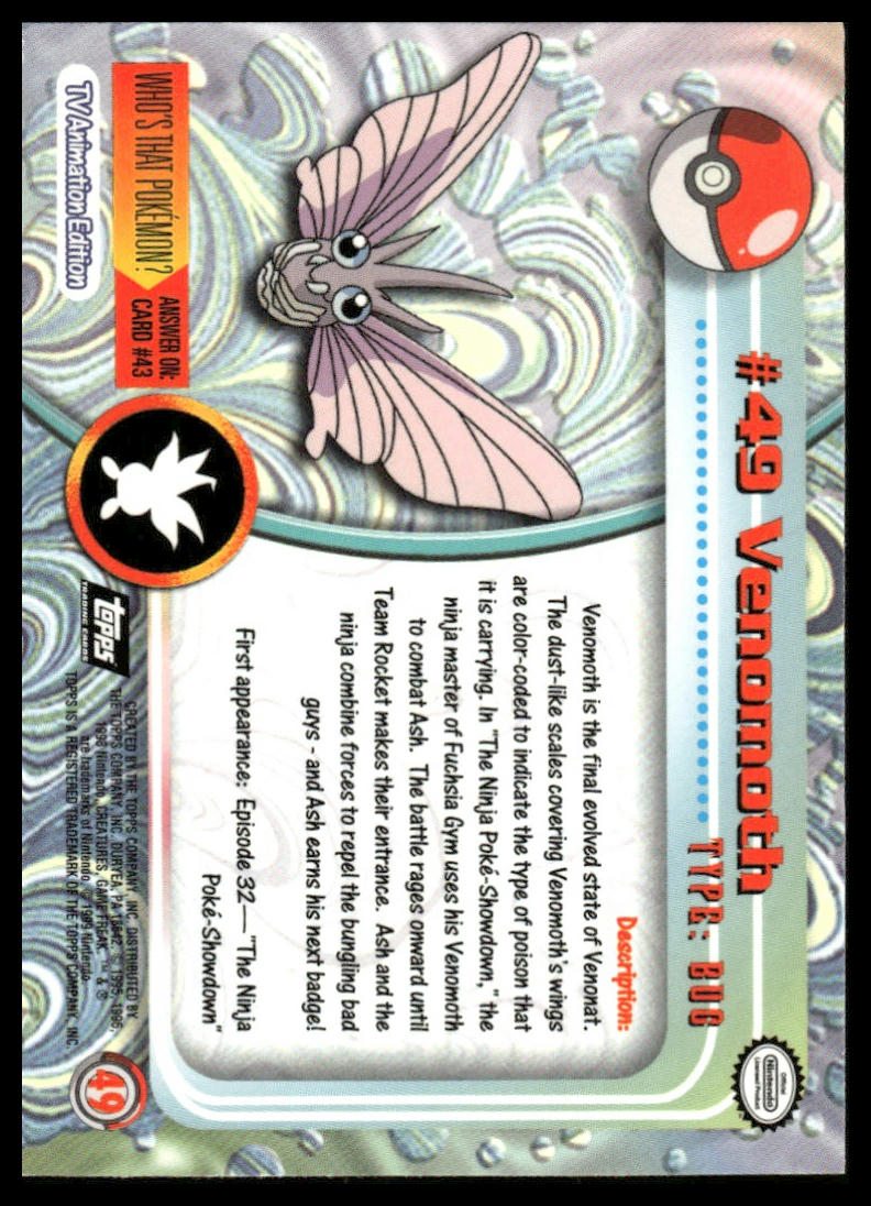 Pokemon Venomoth Blue Topps #49 1999 Topps Pokemon TV Animation Edition Series 1