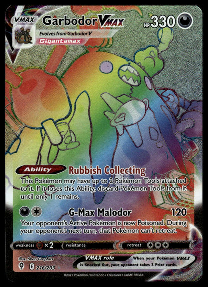 Pokemon Garbodor VMAX (Secret) #216/203 SWSH07: Evolving Skies