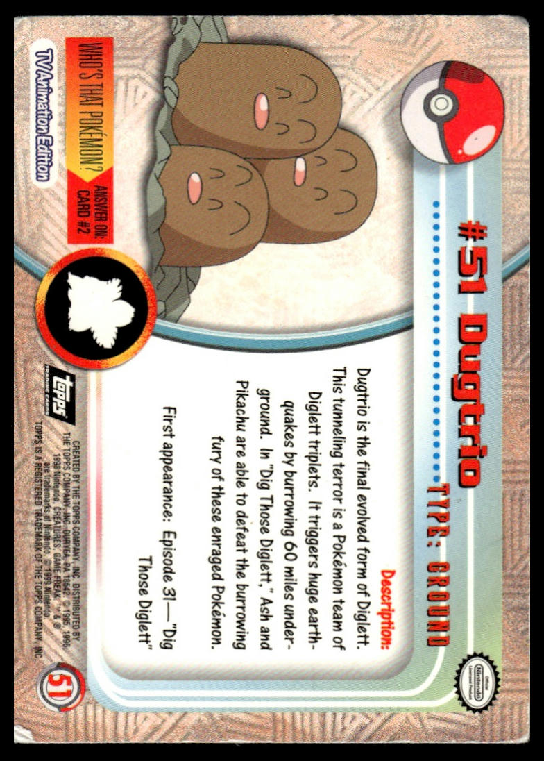 Pokemon Dugtrio Blue Topps Logo Foil #51 1999 Topps Pokemon TV Animation