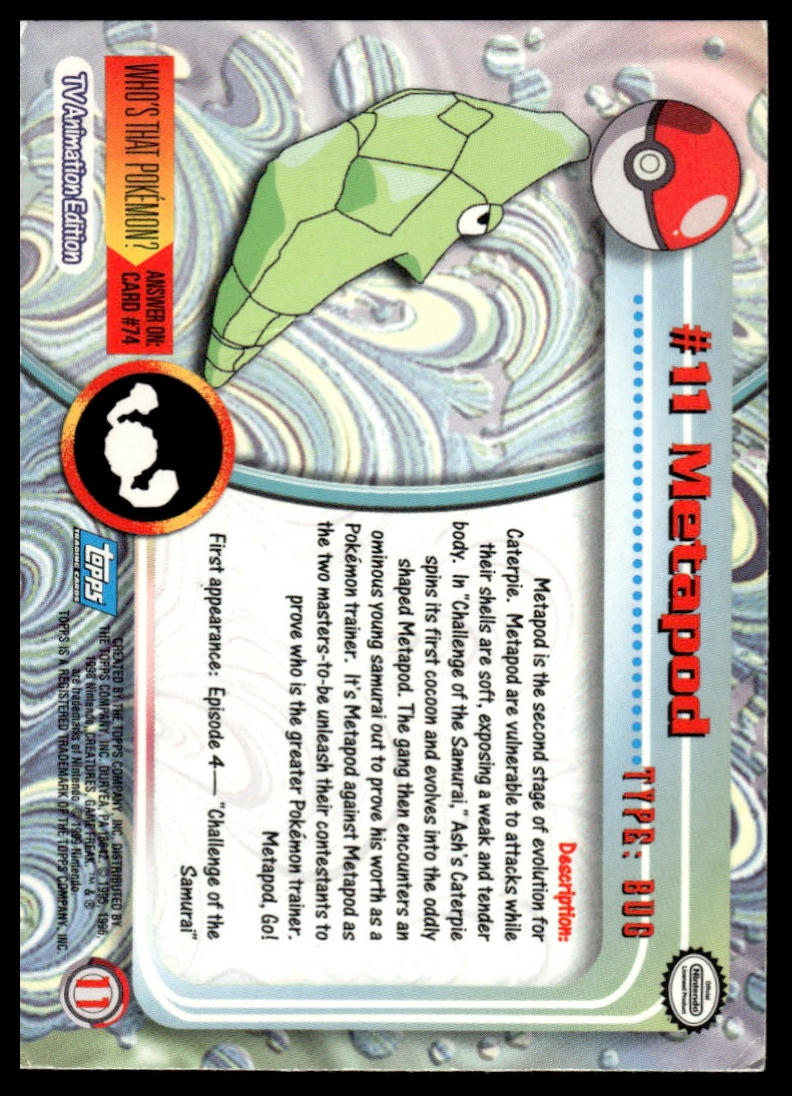 Pokemon Metapod Blue Topps Logo Foil #11 1999 Topps Pokemon TV Animation