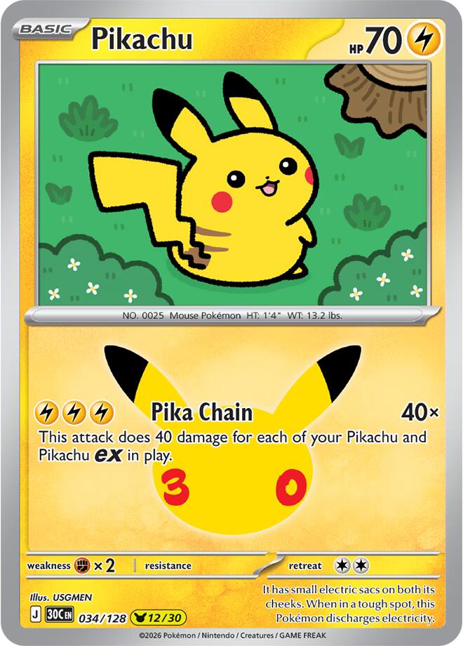 Pokemon Pikachu 034/128 30th Celebration