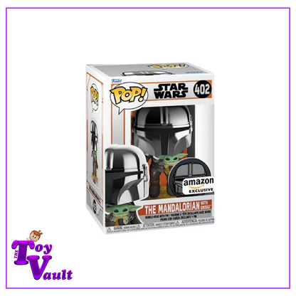 Funko Pop! Star Wars The Mandalorian - The Mandalorian Flying with Grogu (Chrome) #402 with Pin Amazon Exclusive