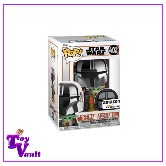 Funko Pop! Star Wars The Mandalorian - The Mandalorian Flying with Grogu (Chrome) #402 with Pin Amazon Exclusive