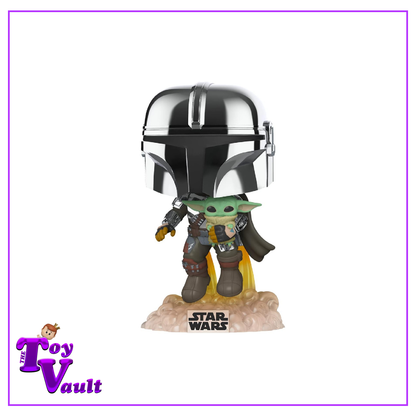 Funko Pop! Star Wars The Mandalorian - The Mandalorian Flying with Grogu (Chrome) #402 with Pin Amazon Exclusive